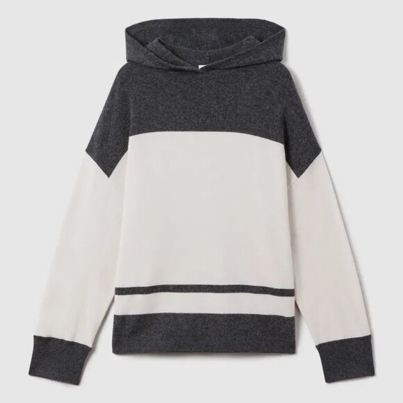 REISS “Alex” Wool Cashmere Striped Hoodie Sweater Beige & Charcoal Size Smal - Picture 14 of 16